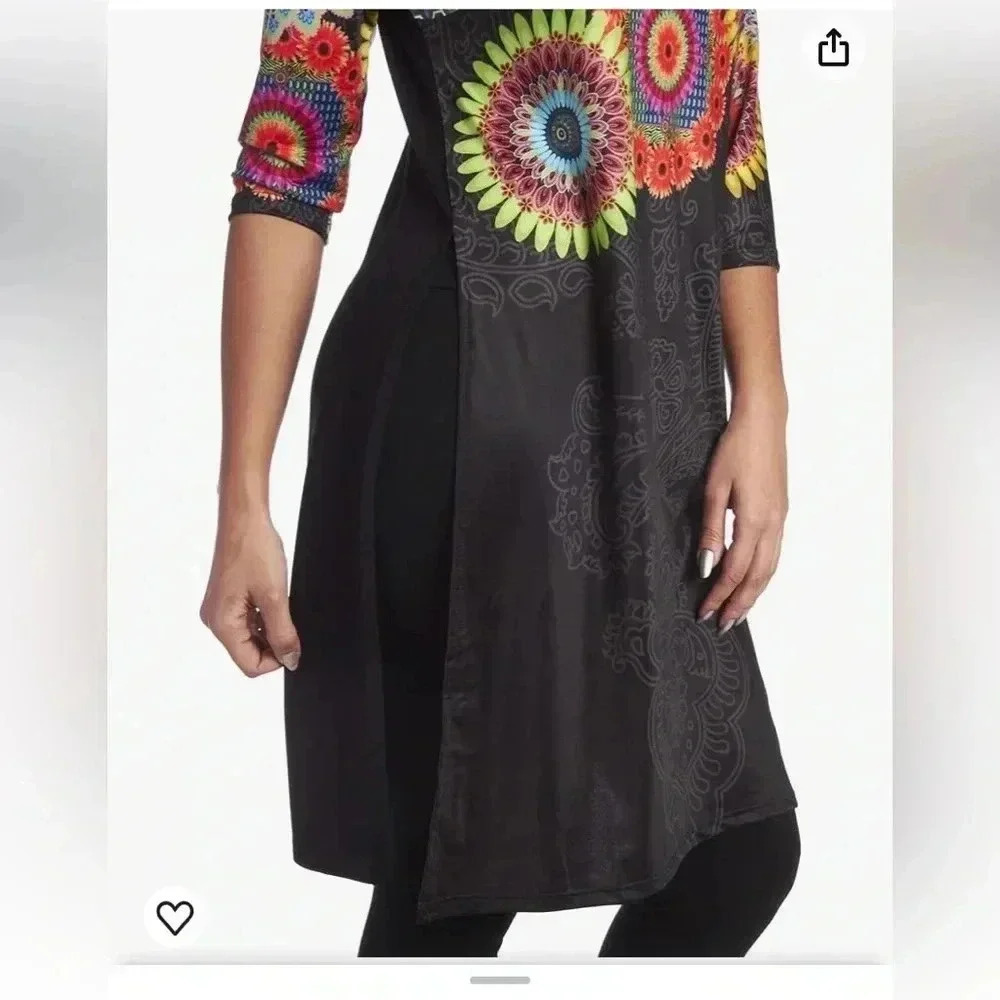 Desigual Longline Tunic Top S Black Rainbow Geometric Flowers Boho Lagenlook - Picture 11 of 11